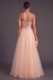 Champagne Floral Corset A-Line Spaghetti Straps Maxi Formal Dress with Appliques