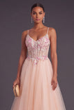 Champagne Floral Corset A-Line Spaghetti Straps Maxi Formal Dress with Appliques