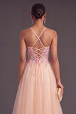 Champagne Floral Corset A-Line Spaghetti Straps Maxi Formal Dress with Appliques