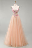 Champagne Floral Corset A-Line Spaghetti Straps Maxi Formal Dress with Appliques