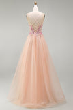 Champagne Floral Corset A-Line Spaghetti Straps Maxi Formal Dress with Appliques