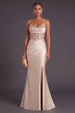 Champagne Corset Mermaid Ruched Maxi Formal Dress with Slit