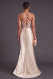 Champagne Corset Mermaid Ruched Maxi Formal Dress with Slit