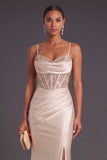 Champagne Corset Mermaid Ruched Maxi Formal Dress with Slit