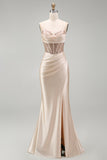 Champagne Corset Mermaid Ruched Maxi Formal Dress with Slit