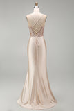 Champagne Corset Mermaid Ruched Maxi Formal Dress with Slit
