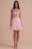 Pink Floral Sparkly Sequins Corset A-Line Short Cocktail Dress