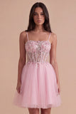 Pink Floral Sparkly Sequins Corset A-Line Short Cocktail Dress