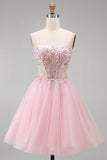 Pink Floral Sparkly Sequins Corset A-Line Short Cocktail Dress