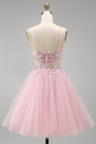 Pink Floral Sparkly Sequins Corset A-Line Short Cocktail Dress