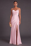 Pink Mermiad Spaghetti Straps Ruched Maxi Formal Dress with Slit