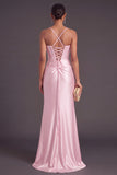 Pink Mermiad Spaghetti Straps Ruched Maxi Formal Dress with Slit