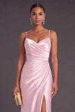 Pink Mermiad Spaghetti Straps Ruched Maxi Formal Dress with Slit