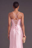 Pink Mermiad Spaghetti Straps Ruched Maxi Formal Dress with Slit