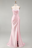 Pink Mermiad Spaghetti Straps Ruched Maxi Formal Dress with Slit