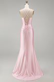 Pink Mermiad Spaghetti Straps Ruched Maxi Formal Dress with Slit