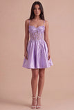 Lilac Sparkly Beaded Floral Corset Spaghetti Straps Short Cocktail Dress