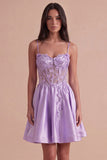 Lilac Sparkly Beaded Floral Corset Spaghetti Straps Short Cocktail Dress