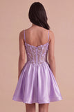 Lilac Sparkly Beaded Floral Corset Spaghetti Straps Short Cocktail Dress