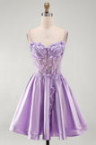 Lilac Sparkly Beaded Floral Corset Spaghetti Straps Short Cocktail Dress