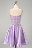 Lilac Sparkly Beaded Floral Corset Spaghetti Straps Short Cocktail Dress