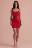 Burgundy Sparkly Sequins Bodycon Thick Straps Short Cocktail Dress