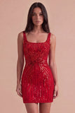 Burgundy Sparkly Sequins Bodycon Thick Straps Short Cocktail Dress