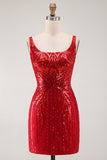 Burgundy Sparkly Sequins Bodycon Thick Straps Short Cocktail Dress