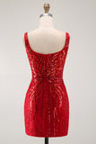 Burgundy Sparkly Sequins Bodycon Thick Straps Short Cocktail Dress