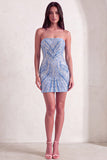 Blue Sparkly Sequins Beaded Bodycon Strapless Short Cocktail Dress