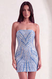 Blue Sparkly Sequins Beaded Bodycon Strapless Short Cocktail Dress