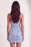 Blue Sparkly Sequins Beaded Bodycon Strapless Short Cocktail Dress