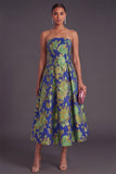 Navy Green Floral Jacquard A-Line Strapless Pleated Midi Wedding Guest Dress