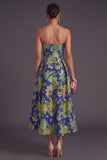 Navy Green Floral Jacquard A-Line Strapless Pleated Midi Wedding Guest Dress