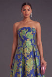 Navy Green Floral Jacquard A-Line Strapless Pleated Midi Wedding Guest Dress