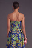 Navy Green Floral Jacquard A-Line Strapless Pleated Midi Wedding Guest Dress