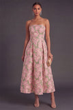 Navy Green Floral Jacquard A-Line Strapless Pleated Midi Wedding Guest Dress