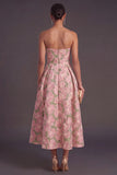 Navy Green Floral Jacquard A-Line Strapless Pleated Midi Wedding Guest Dress
