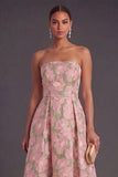 Navy Green Floral Jacquard A-Line Strapless Pleated Midi Wedding Guest Dress