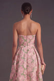 Navy Green Floral Jacquard A-Line Strapless Pleated Midi Wedding Guest Dress