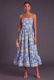 Blue Jacquard Strapless A-Line Midi Wedding Guest Dress with Ruffles