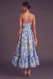 Blue Jacquard Strapless A-Line Midi Wedding Guest Dress with Ruffles