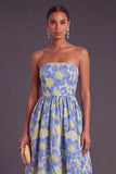 Blue Jacquard Strapless A-Line Midi Wedding Guest Dress with Ruffles