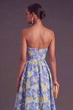 Blue Jacquard Strapless A-Line Midi Wedding Guest Dress with Ruffles