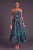 Blue Jacquard Strapless A-Line Midi Wedding Guest Dress with Ruffles