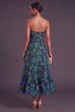 Blue Jacquard Strapless A-Line Midi Wedding Guest Dress with Ruffles
