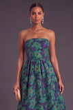 Blue Jacquard Strapless A-Line Midi Wedding Guest Dress with Ruffles