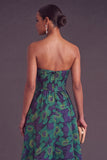 Blue Jacquard Strapless A-Line Midi Wedding Guest Dress with Ruffles