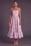 Blue Jacquard Strapless A-Line Midi Wedding Guest Dress with Ruffles
