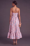 Blue Jacquard Strapless A-Line Midi Wedding Guest Dress with Ruffles